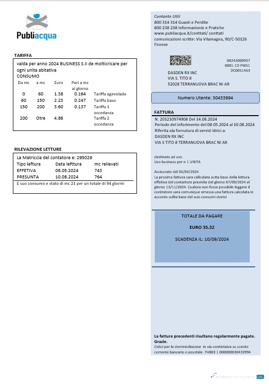 Download Italy Publiacqua business utility bill template in Word and PDF format Photoshop template